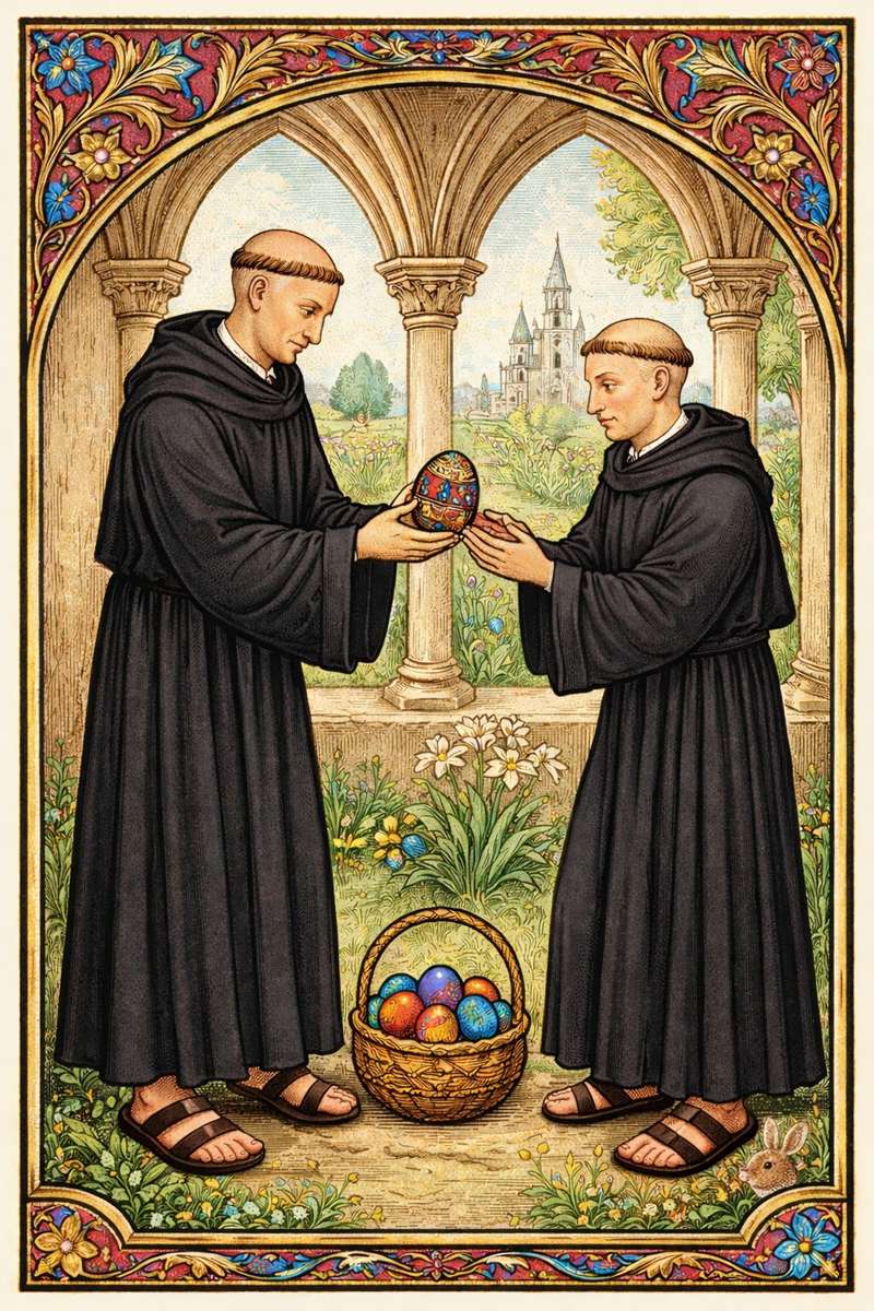 Échange d'œufs de Pâques dans le cloître
