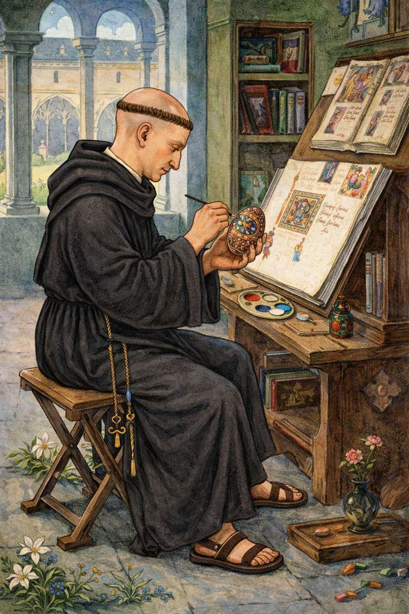 Moine bénédictin peignant un œuf de Pâques